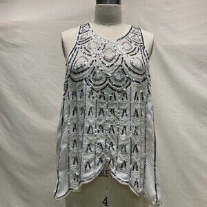Verty Cream Silver Sparkle Sequin Scallop Hem A-Line Swing Tank Top Size Small